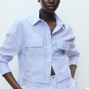 Mango Light Blue and White Striped Button-Down Shirt